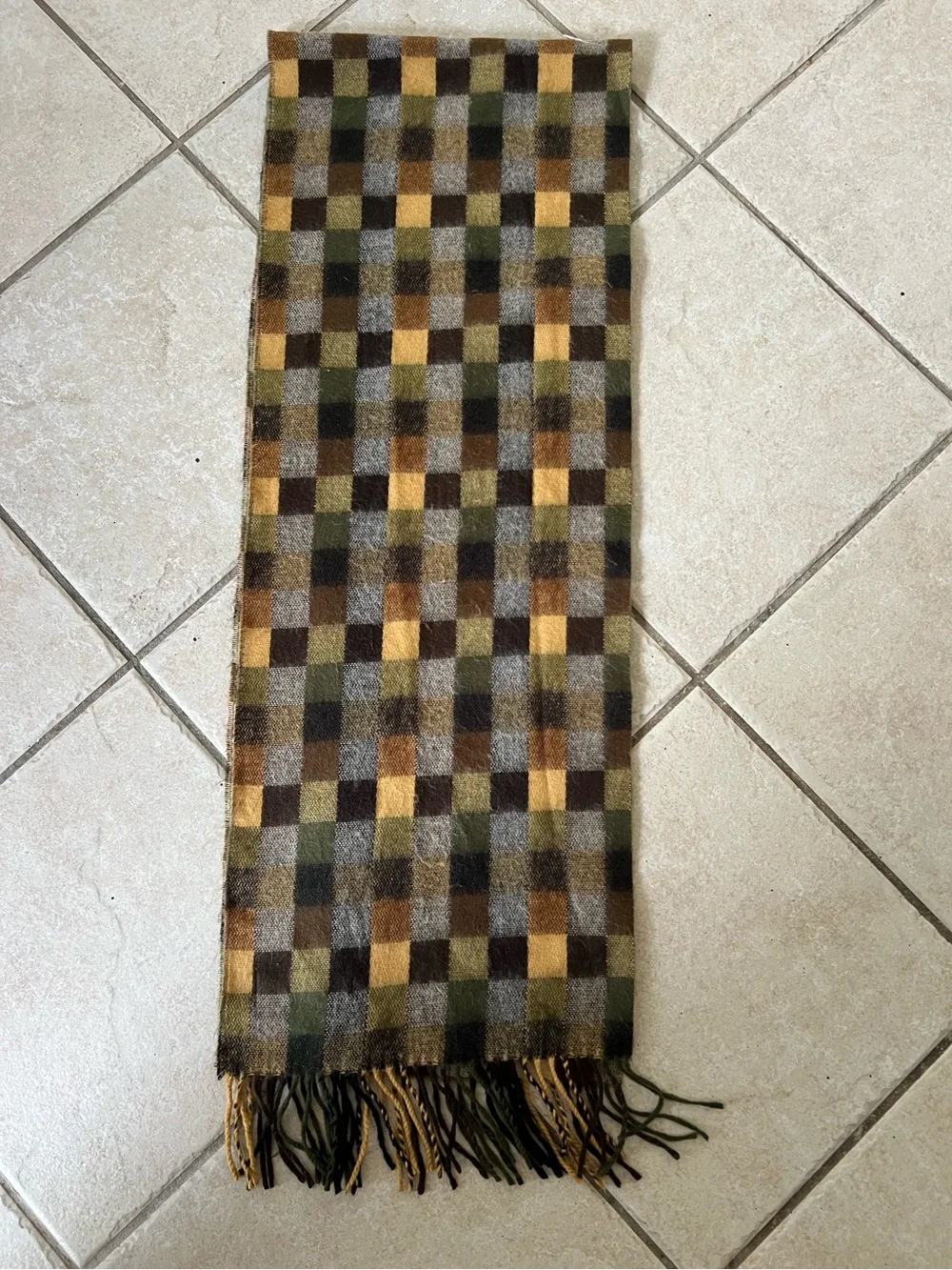 Men 100% CASHMERE SCARF Made in England Soft Wrap Plaid Black / Green/Brown